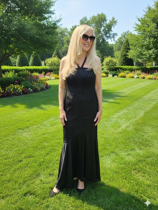 Mieka Dresses & Skirts - Mieka Stunning Like New Black Beaded Silk/Satin Straped Evening Gown, 40/6 $200